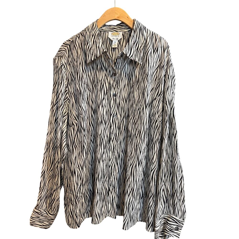 Talbots Women's 18W 100% Pure Silk Shirt Black Cream Animal Print Long Sleeve